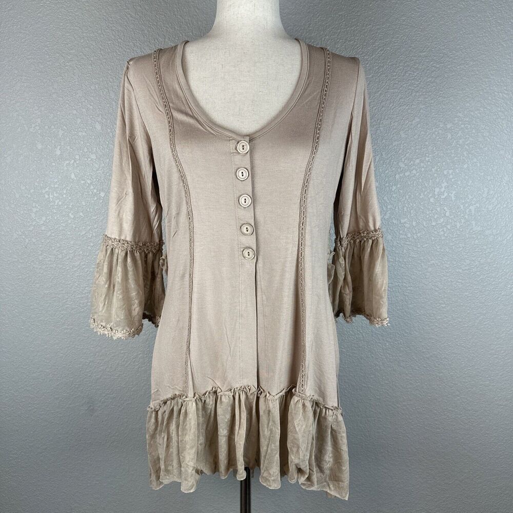 Gretty Zueger Womens Button Ruffle Jacket Top Size Medium Beige Lagenlook